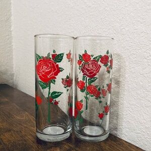 Vintage MCM Anchor Hocking 6-1/8" Tumbler Glasses Cups  Red Roses Set Of 2